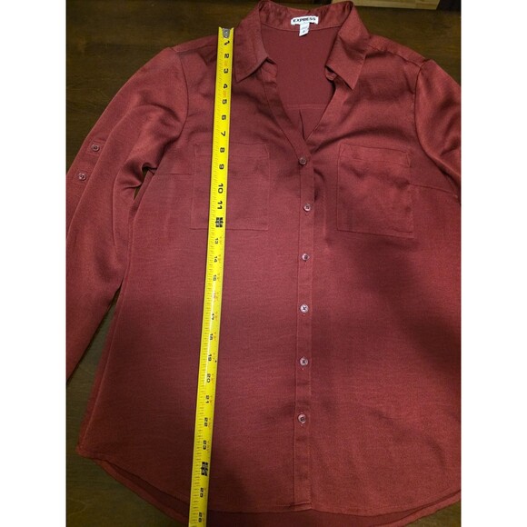 Express Portofino Blouse Button Down Roll Tab Long Sleeve Shirt M Career Red - Picture 3 of 8